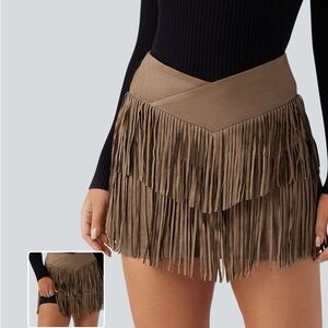 HALARA Brown Fringe Mini Skirt